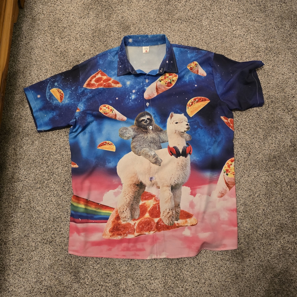 Unisex Aloha Shirt with Sloth, Llama, Pizza & Tacos